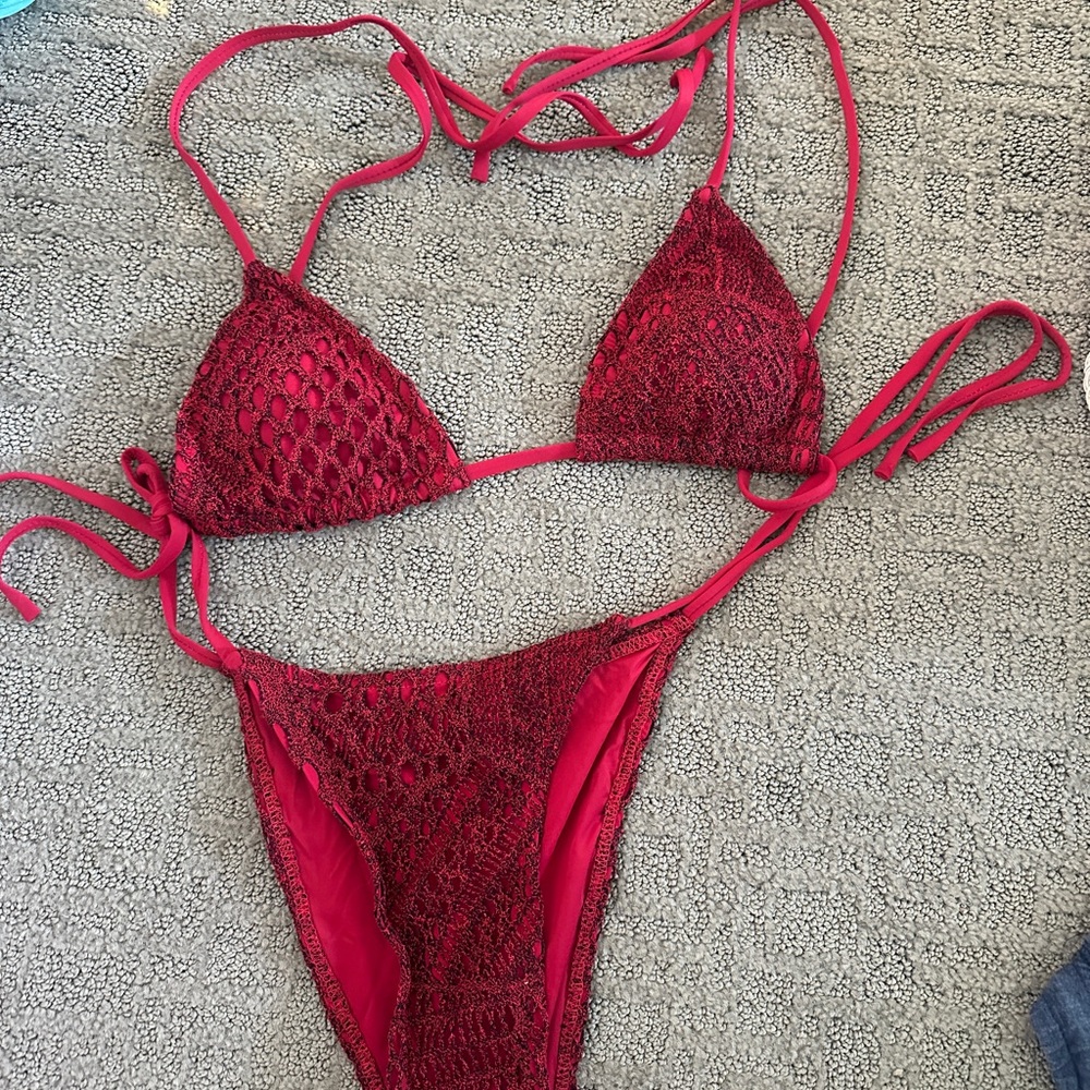 with jean red crochet bikini